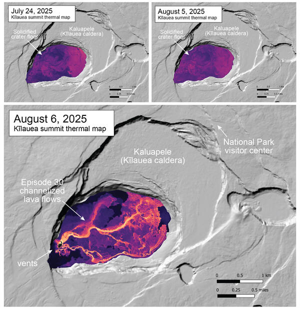 Color maps showing temperature of caldera floor where there is an ongoing eruption