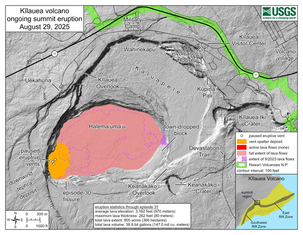 Color map showing area covered by lava flows in recent volcanic eruption