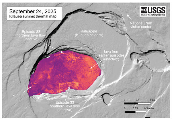 Color thermal map indicating that the floor of crater is all warm, and areas of recent flows are hottest. 