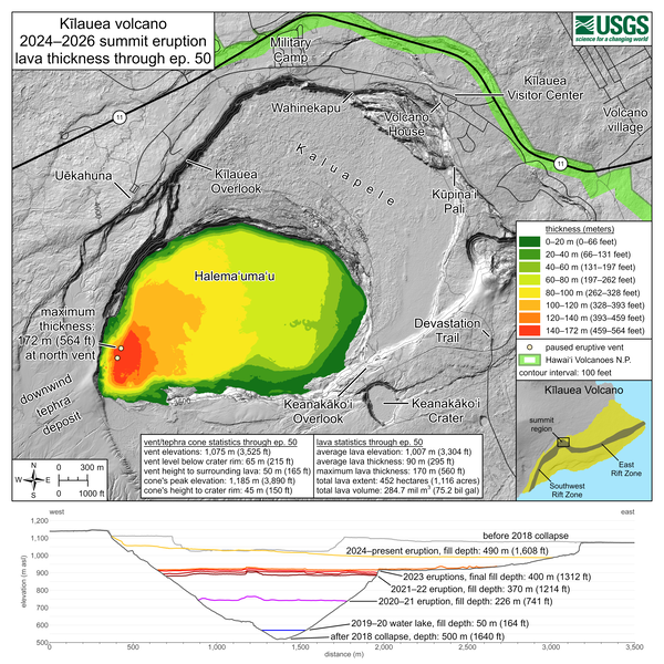Color map showing eruption area and lava thickness within volcanic crater