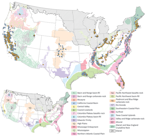 Principal aquifers of the United States (25) are overlain by PFAS sampling locations (circles) used for model training. Orange circles indicate PFAS detected; blue circles indicate PFAS not detected.