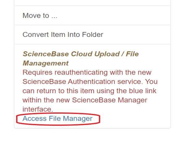 Screenshot of ScienceBase landing page's "Access File Manager" link.