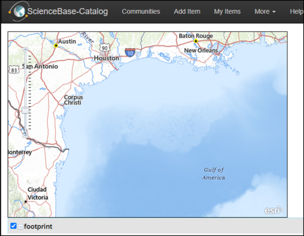 Screengrab from ScienceBase Catalog, displaying ESRI basemap and recent Gulf of America name change