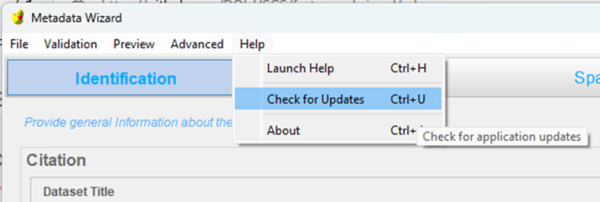 Screenshot of the USGS Metadata Wizard, showing the option to "Check for Updates" in the "Help" dropdown menu