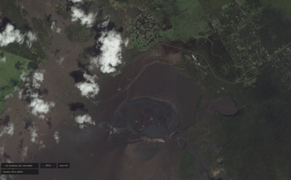 Color satellite image of caldera at the summit of a volcano