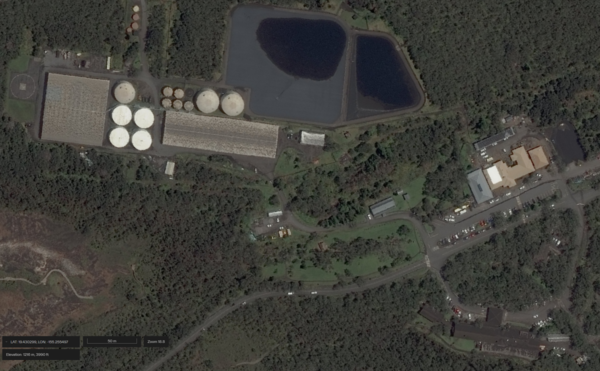 Color satellite image of infrastructure near summit of volcano