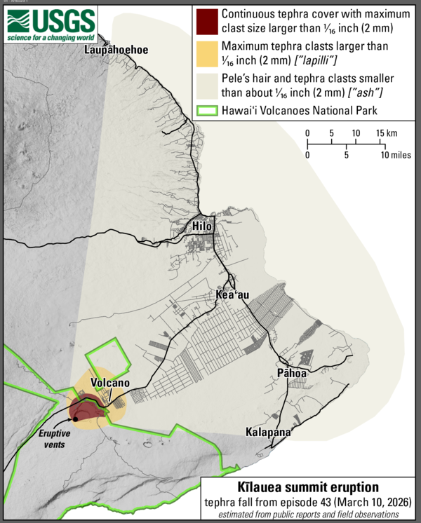 Color map of tephra fallout associated with a volcanic eruption