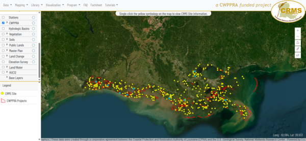 A screen shot of a map of Louisiana with dots of different colors representing field sites