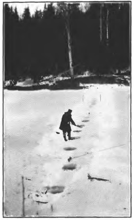Man standing on a frozen river measuring through a series of holes drilled in the ice