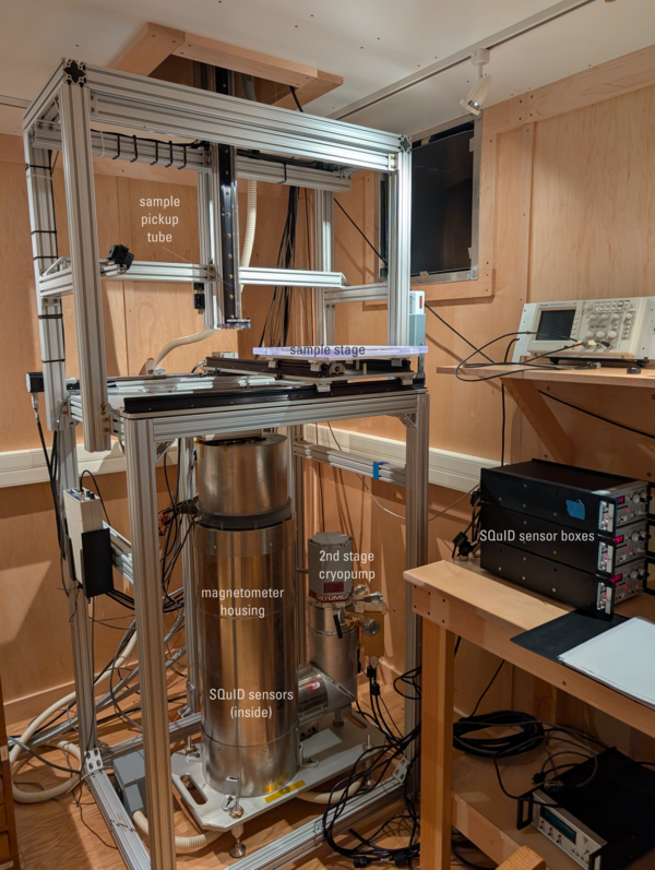 A silvery scientific instrument in a wooden room. The instrument consists of two open frameworks of slotted gray aluminum bars, in which is a large silver cylinder with another off to it side. Cables and tubes snake out of the instrument to power outlets, motor boxes, and sensor boxes. The instrument is tall and protrudes into an opening in the roof of the room.