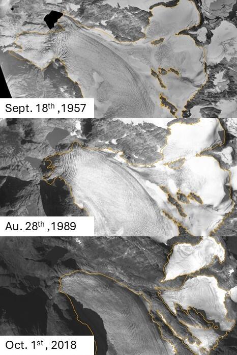 Time series imagery (1957, 1989, 2018) shows the progressive disconnection of tributary branches from Lemon Creek Glacier.