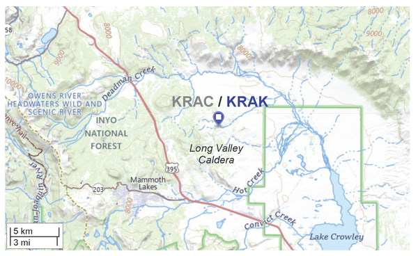 This shaded relief map shows the Long Valley Caldera, Lake Crowley, and the town of Mammoth Lakes. Highway 395 cuts diagonally across the caldera from northwest to southeast. In the center of the map, a label shows the location of GPS station KRAC/KRAK.