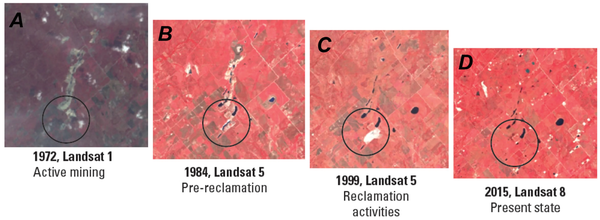 Landsat satellite images showing land changes from progression and reclamation of mining area in Texas
