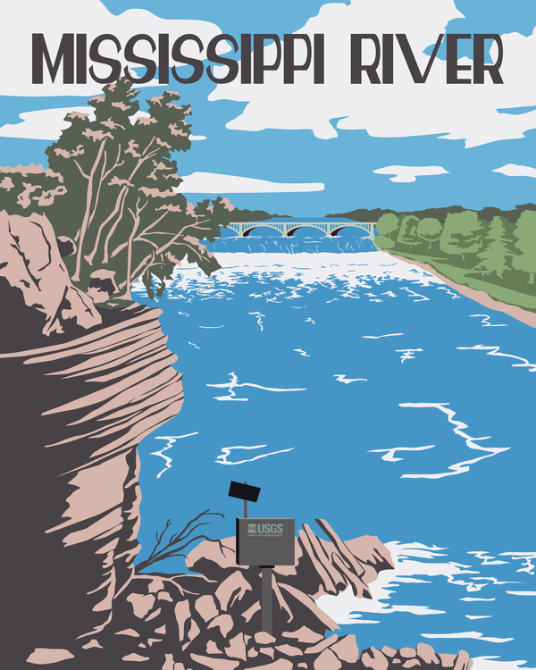 Vintage-style poster of St. Anthony Falls on the Mississippi River showing a streamgage in the foreground. 