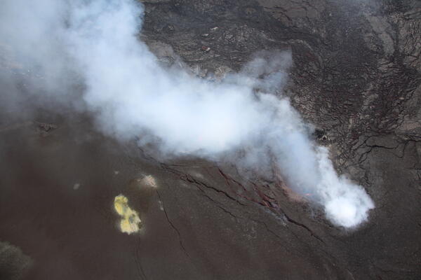 Color photograph of degassing volcanic vents