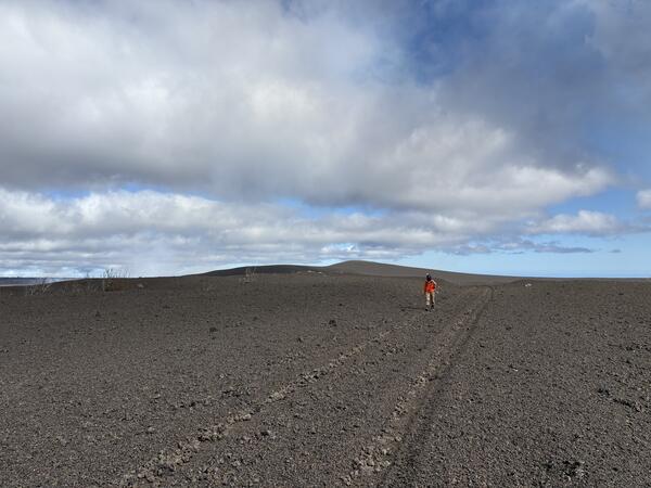 Color photograph of volcanic material deposited on landscape