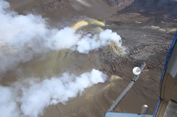 Color photograph of active degassing volcanic vents