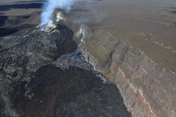 Color photograph of volcanic vents degassing