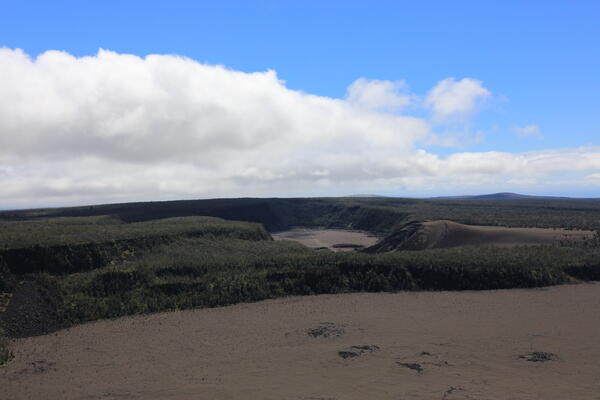 Color photograph of volcanic cone and crater