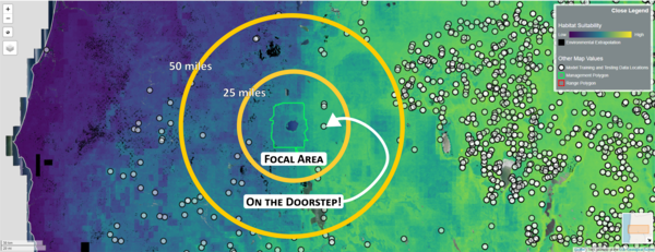 blue-green map of Oregon with overlays of green and yellow polygons, text, and white dots.