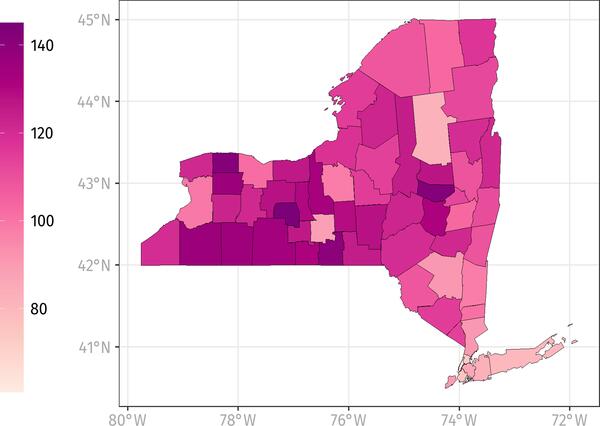 map of new york state with counties colored different shades of pink to purple depending on value