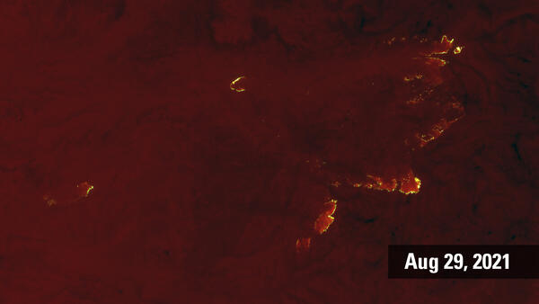 Landsat thermal image of the California Caldor Fire, August 29, 2021