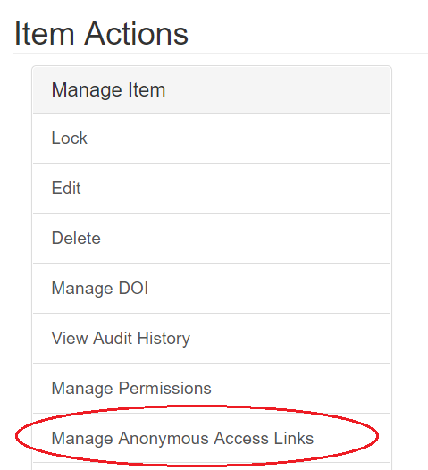 Screenshot showing option to manage anonymous access link for a ScienceBase page