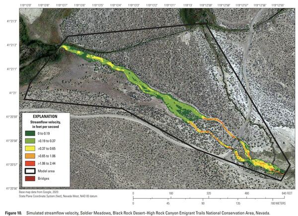 Map showing simulated streamflow velocity at Soldier Meadows after proposed stream restoration.