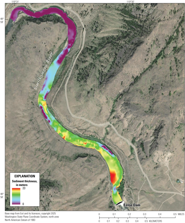 The sediment is thicker in the south part of the Enloe Dam impoundment area and thinner in the north part of the area