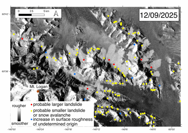 GIF of radar backscatter satellite imagery showing the change in surface roughness before and after the earthquake 