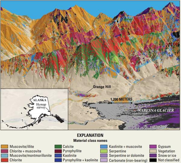 Image shows an Alaskan Mountain viewed through hyperspectral imaging