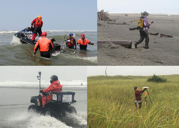 Four photographs showing people in shallow ocean water, at the coast, on a beach, and in a grassy marsh collecting data.