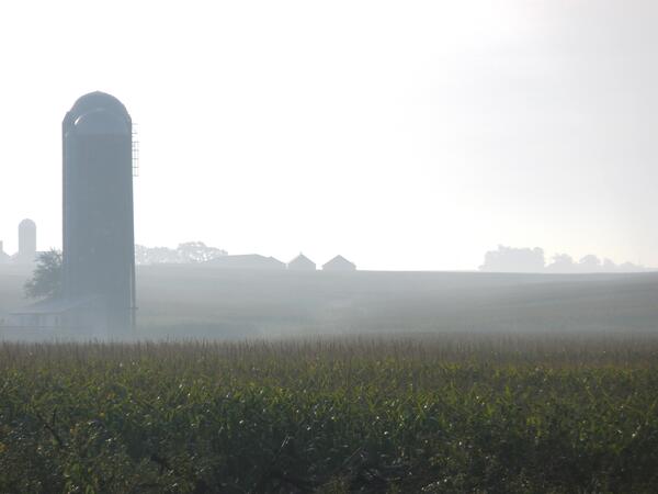 Farm in Iowa in morning mist