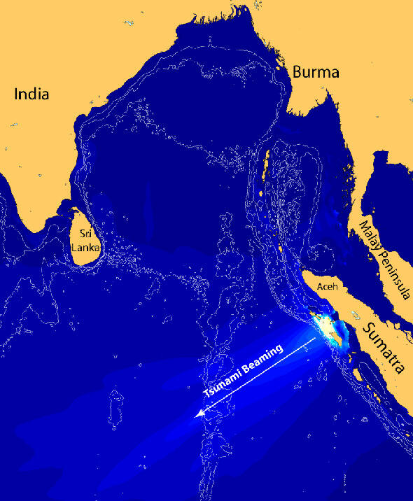 Map of Indian Ocean with bright colors to depict the direction of tsunami wave beaming patterns.