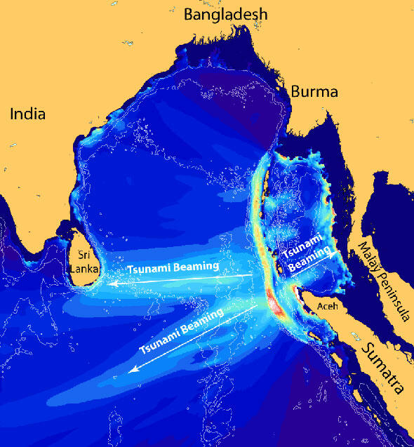 Map of Indian Ocean with bright colors to depict the direction of tsunami wave beaming patterns.