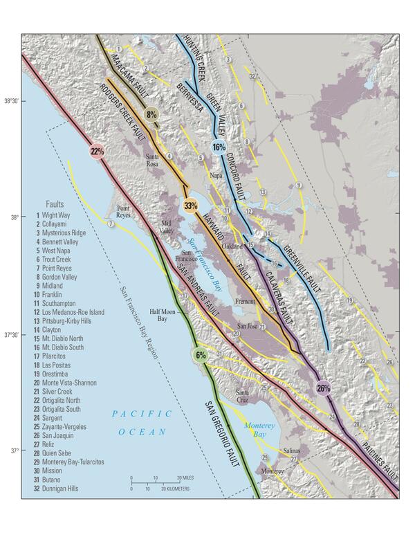 Map of known active geologic faults in the San Francisco Bay region