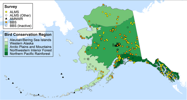 Map with survey locations related to Bird Conservation Regions in AK