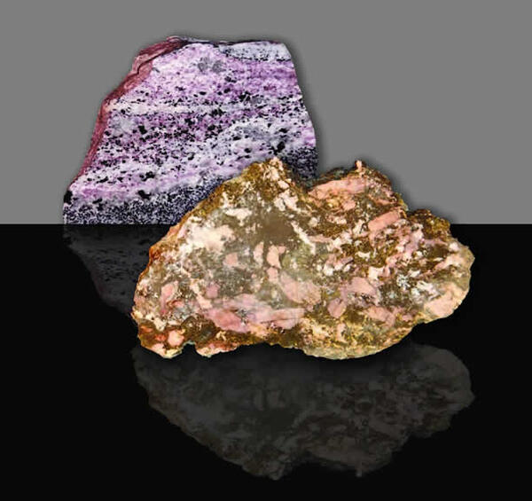 Samples of the minerals eudialyte and bastnäsite