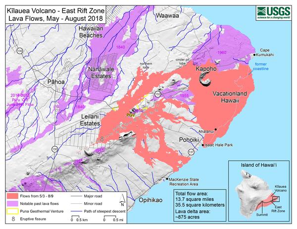 map of Kīlauea Volcano's lower East Rift Zone
