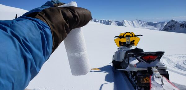Firn core with an ice lens collected on Gulkana Glacier during spring 2019 mass balance field work in Alaska.