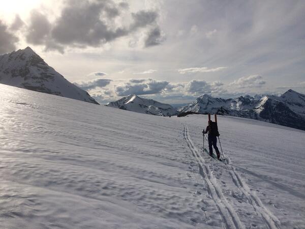 Measurement stakes are carried across Sperry Glacier in Glacier National Park, Montana, during spring mass balance field work.