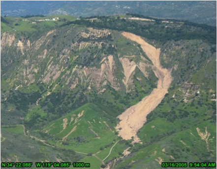 A large landslide that transformed into debris flow and recent smaller landslides west of Santa Paula, CA.