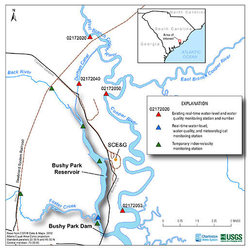 Map of Bushy Park Reservoir, South Carolina.