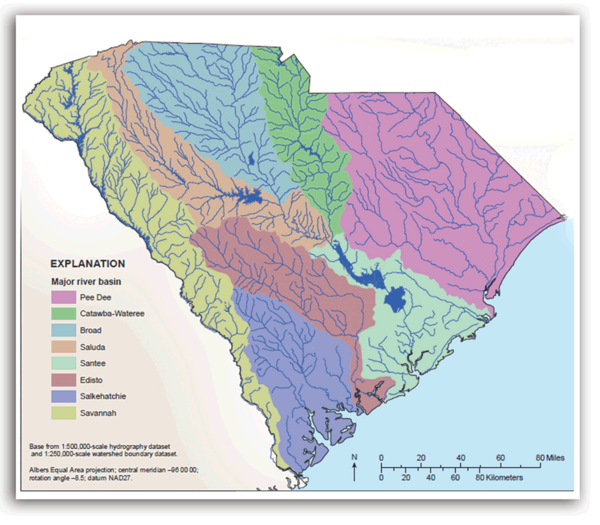 The eight major basins in South Carolina as defined by the South Carolina Department of Health and Environmental Control.