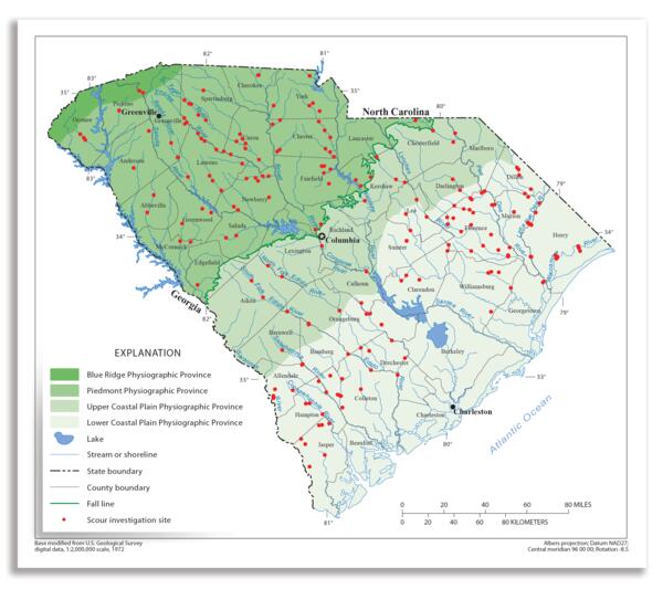 Map showing locations of physiographic provinces and bridge-scour investigation sites in South Carolina.