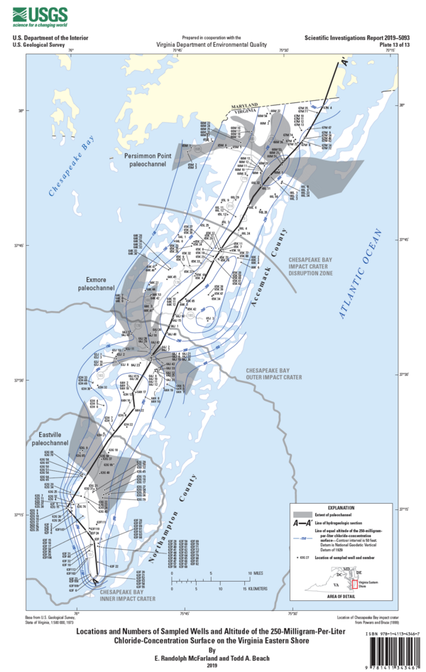 Locations and numbers of sampled wells of the 250-milligram-per-liter chloride-concentration surface of Virginia Coastal Plain