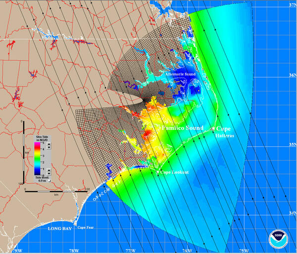 Modeled, maximum surge elevations, as simulated by the NOAA SLOSH model, for a category 3 hurricane making landfall