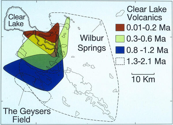 The timeline and locations for the four periods of volcanism in the...