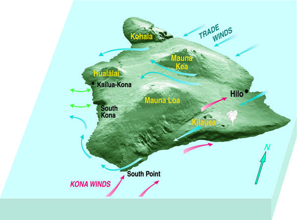 Vog conditions on the Island of Hawai‘i vary depending on wind dire...