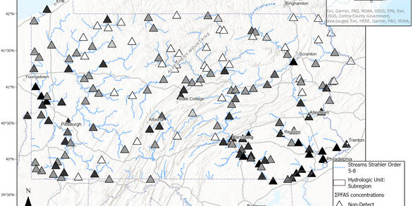 A map showing locations across Pennsylvania where PFAS was detected in water samples. 